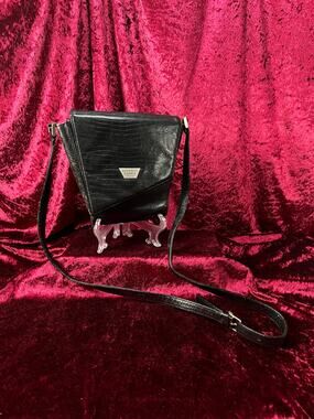 Vintage Roberto Fabris Paris Leather Crossbody Bag - Black Lizard Embossed Purse